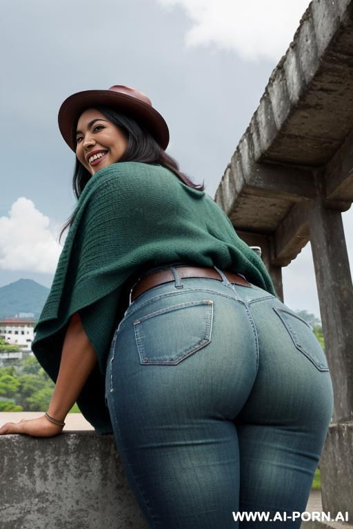 native guatemala gilf, dark skin, chubby, short green colored poncho, straight light-blue jeans, leather belt, oxford shoes, leather hat, ((view from the ground)), ((extra low angle)), lean, show her ass - #main