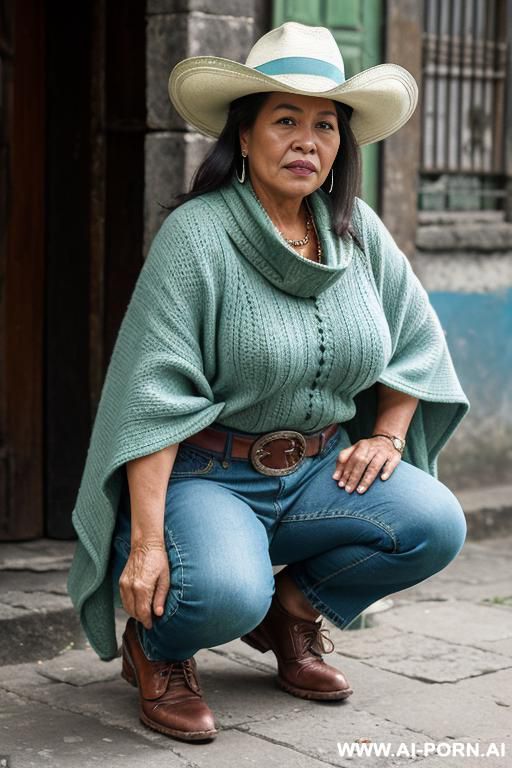 native guatemala gilf, chubby, short green colored poncho, straight light-blue jeans, leather belt, oxford shoes, hat - #main