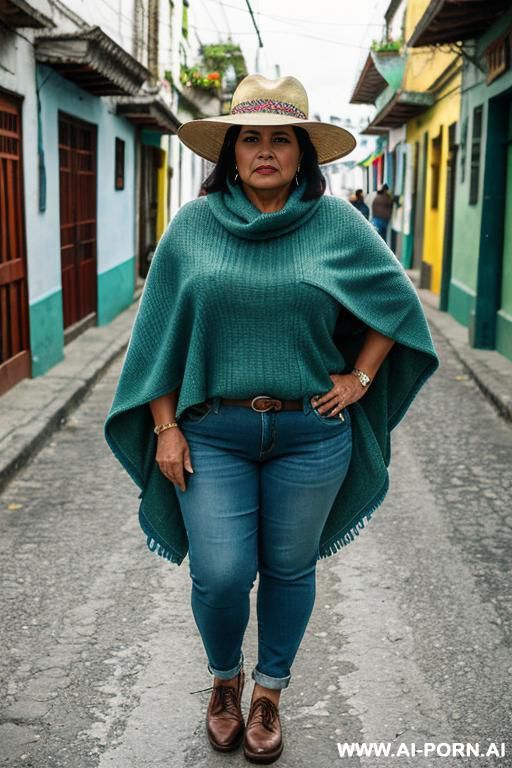 native guatemala gilf, angry, chubby, short green colored poncho, straight light-blue jeans, oxford shoes, hat - #main