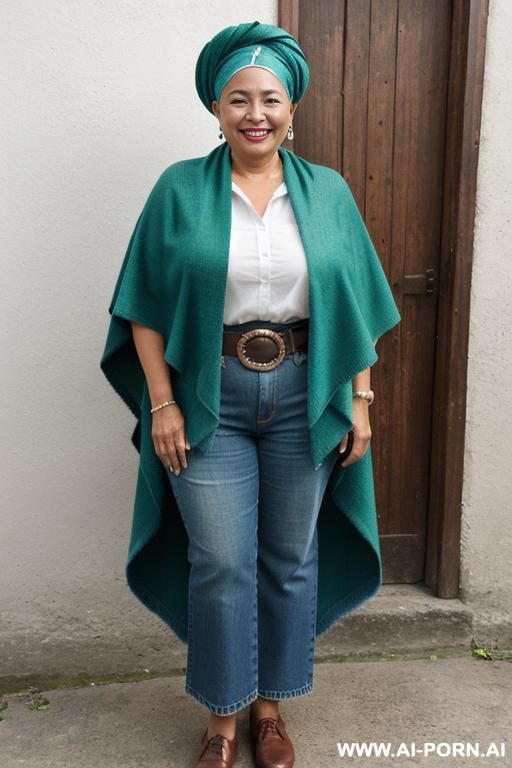 native guatemala gilf, chubby, short green colored poncho, straight light-blue jeans, leather belt, oxford shoes, head wrap - #main