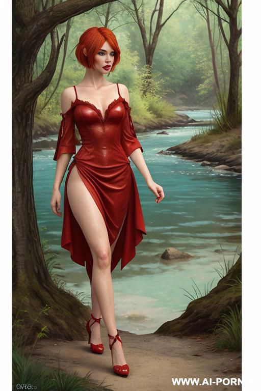 female fantasy ginger in red suede summer dress bare shoulders lowered sleeves in fantasy mountain intricate image comic-drawing vintage style she walk along river overgrown wilderness park forest landscape leather hooker - #main