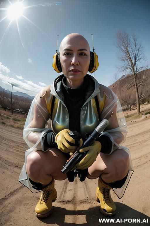 ((((view fish eye lens)))) up level shot forehead in closedup hyperrealism painting: slender bald old japanese woman, age twenty, ((aa cup teardrop boobs)), on the desert field, bald head, image - #main