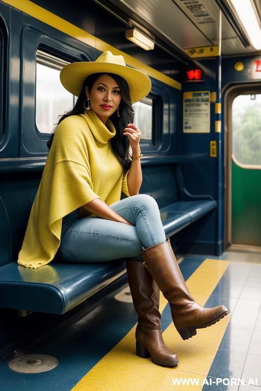 guatemala gilf, dark skin, yellow-green colored short poncho, straight blue jeans, brown rissing long boots, hat - #main