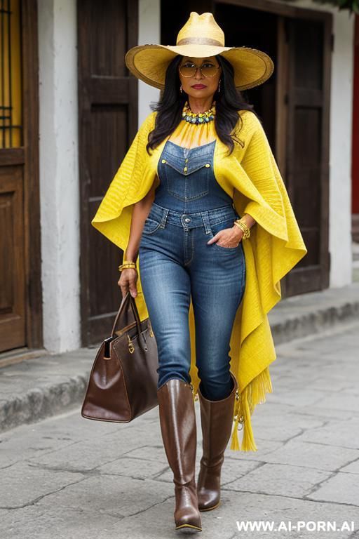 guatemala gilf, dark skin, yellow colored short poncho, straight blue jeans, brown rissing long boots, hat - #main