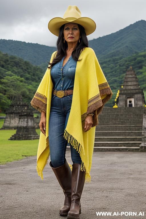 guatemala gilf, angry, dark skin, yellow colored short poncho, straight blue jeans, brown rissing long boots, hat - #main