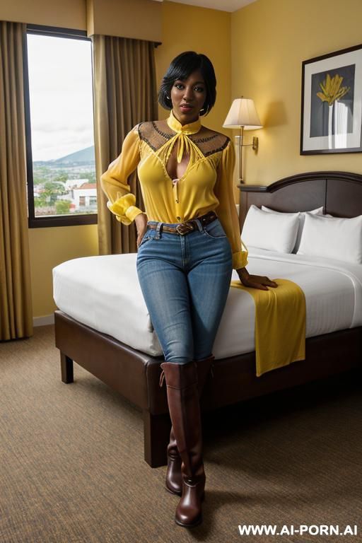 guatemala gilf, dark skin, transparent blouse, ((show large dark nipples)), straight blue jeans, yellow riding long boots, view from the ground, spread legs, ((hotel bedroom inside)) - #main
