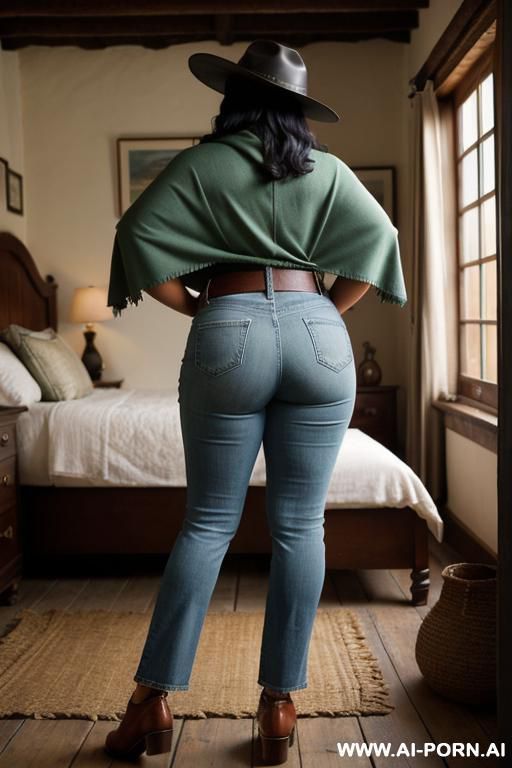 native guatemala gilf, dark skin, chubby, short green colored poncho, straight light-blue jeans, leather belt, oxford shoes, leather hat, ((view from the ground)), ((extra low angle)), lean, show her ass, ((full body shot)), ((village bedroom)) - #main