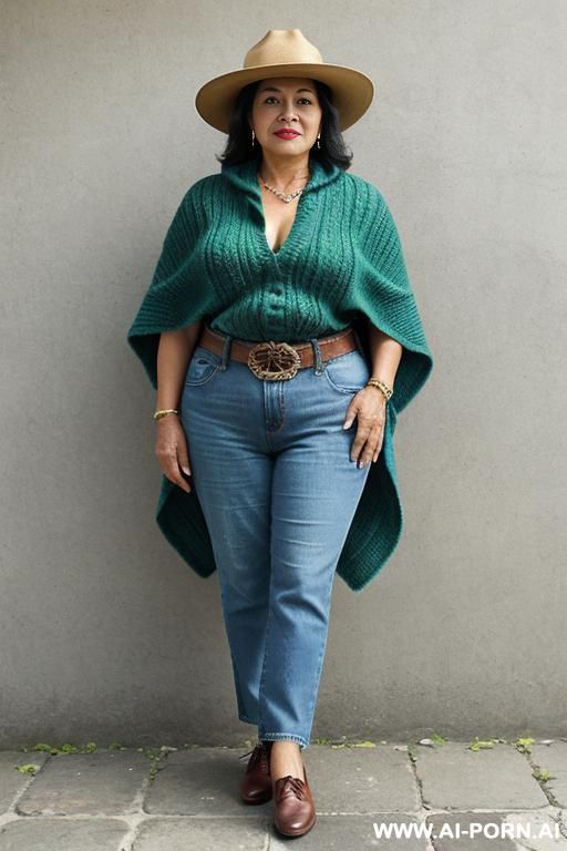 native guatemala gilf, chubby, short green colored poncho, straight light-blue jeans, leather belt, oxford shoes, hat - #main