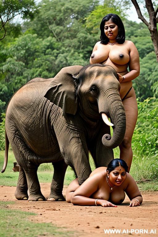 indian elephant is picking up a full naked chubby indian woman with shaved vagina from the ground in nature - #main