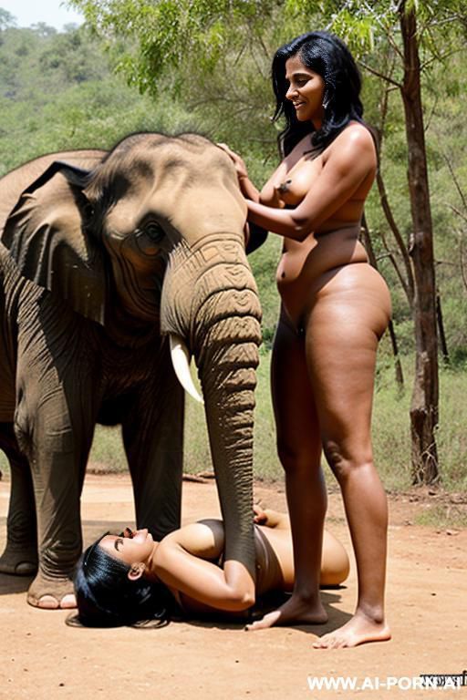 indian elephant is picking up a full naked indian woman with shaved vagina in nature - #main