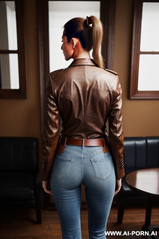 gilf, light-brown blazer, straight blue jeans, leather belt, oxford shoes, full shot - #main