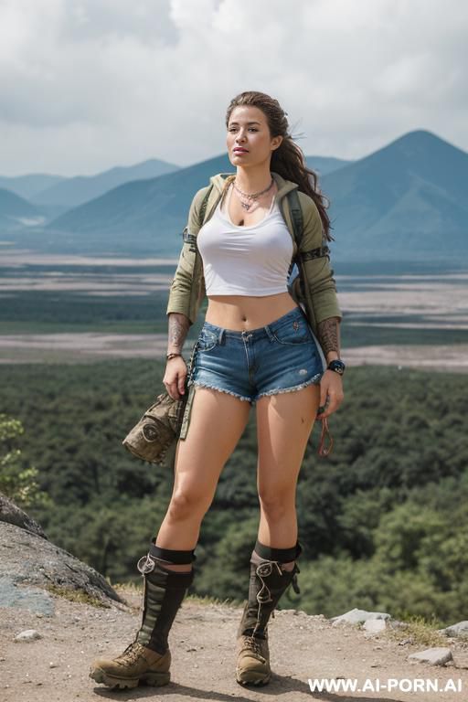 ((topless)), (pretty face), (natural plump breasts), (necklace), (wide hips), (thick thighs), (detailed face), (soft slutty smile), (light tan), (stylish tribal tattoos), (scenic patio), (overcast day), - #main
