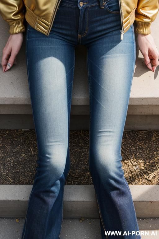 milf, vintage bootcut blue jeans, golden short flats boots, ((view from the ground)), spread legs - #main