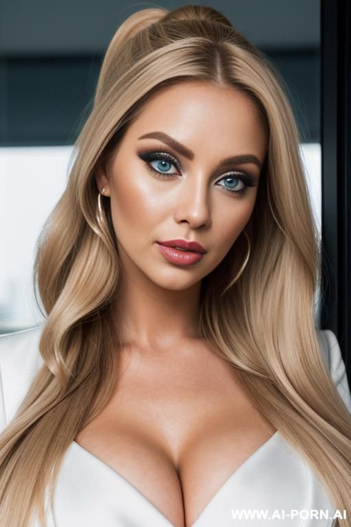 female secretary portrait blonge long wavy hairs in raised thick fluffy fashionable wide ponytail big eyes big lips makeup fashionable white jacket busty cleavage laced corset poirtrait high - #main