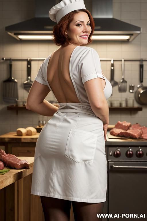 back view of devote chubby milf with short hair naked in the meat shop, smiling, nude, she is a seller of meat, show naked ass and pussy, the meat shop, with steel tools for meat, there - #main