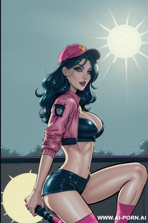 rainy night citylight on a wall urbanpainting a pretty face full lips red brunette spanish sexy hiphop woman looking direct eye contact excited muscle fit sexy posture (squating) boobs dressed in - #main