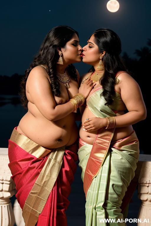 ancient indian chubby queen in a traditional saree is kissing a full naked complete naked total naked nude undressed indian chubby female with shaved vagina under the moon - #main