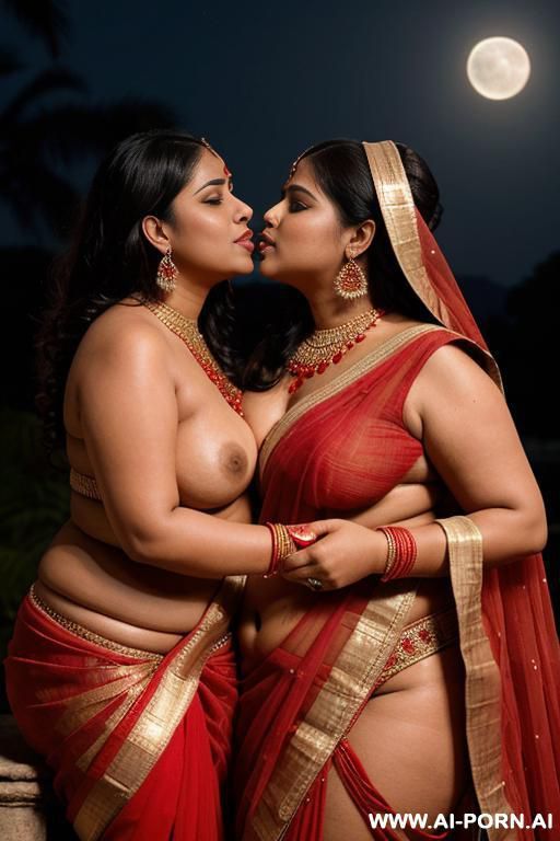 ancient indian chubby queen in a red saree is kissing a full naked complete naked total naked indian chubby female with shaved vagina under the moon - #main