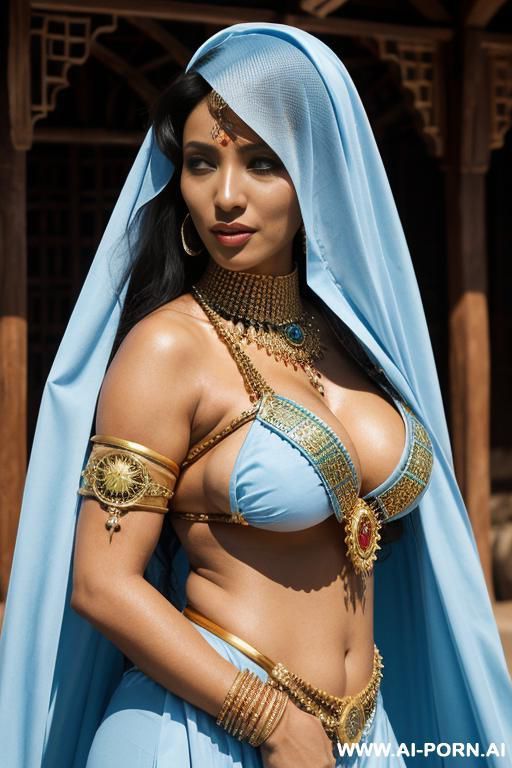 dark-skinned middle eastern woman. wearing a light blue, flowing, loose-fitting middle eastern dance costume. a light blue face veil is partially covering her face. a light blue, form-fitting - #main