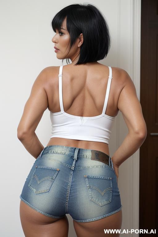 (from the back) (looking at the camera) (extreme cut out denim hot shorts) - #main