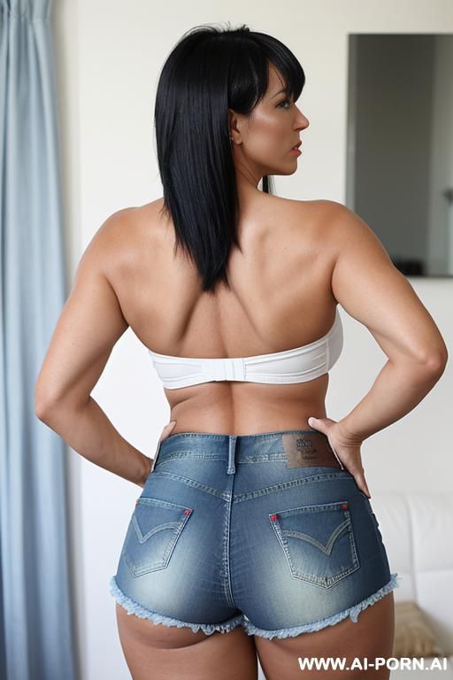 (from the back) (looking at the camera) (extreme side cut denim hot shorts) (arched back) (plump) - #main