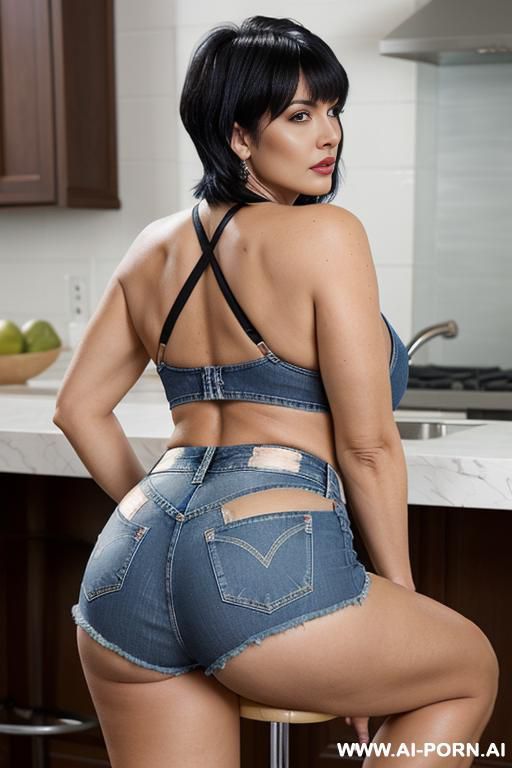 (from the back) (looking at the camera) (extreme side cut denim hot shorts) (bending over a stool) (plump) - #main