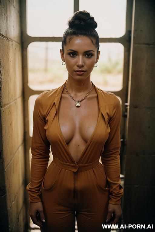 ((topless)), (slutty orange priman jumpsuit ), (soft seductive smile), (perfect model face), (light tan), (wide hips), (thick thighs), (eye contact), (necklace), (hair bun), (natural tits), ((showing her - #main
