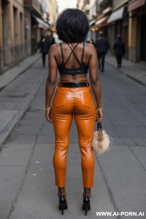 mature ebony, light-orange leather pants, pear form ass, wingtips shoes, brown belt - #main