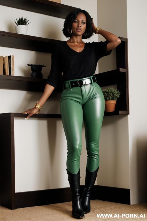 mature ebony, light green leather pants, huge ass, riding boots, golden belt - #main