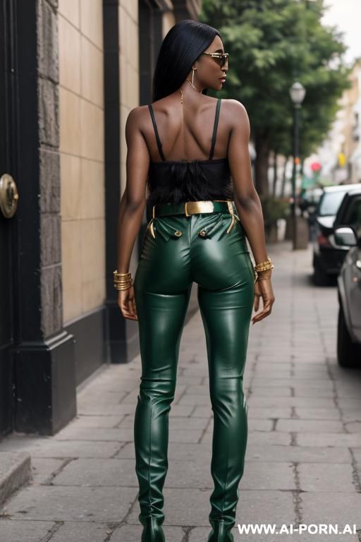 mature ebony, light-green flared leather pants, golden belt, pear ass, thigh-high boots, from behind - #main