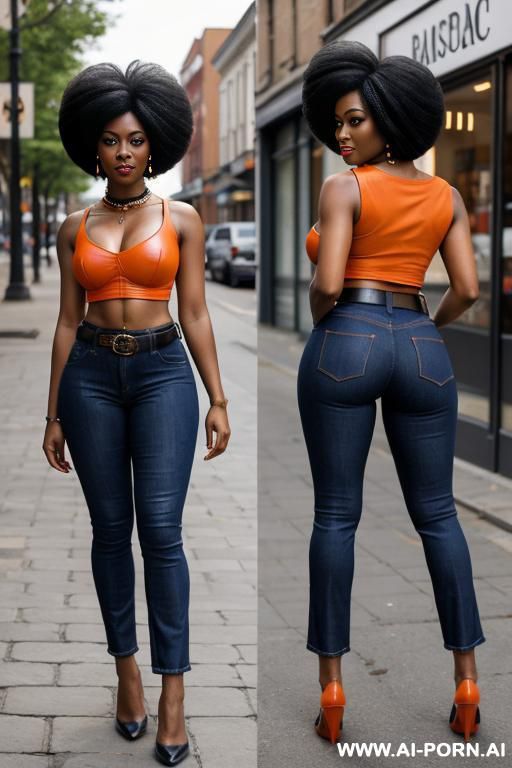ebony, vintage flared blue jeans, exclusive pockets, round ass, leather belt, orange top, oxford shoes, afro hairstyle, full body shot - #main