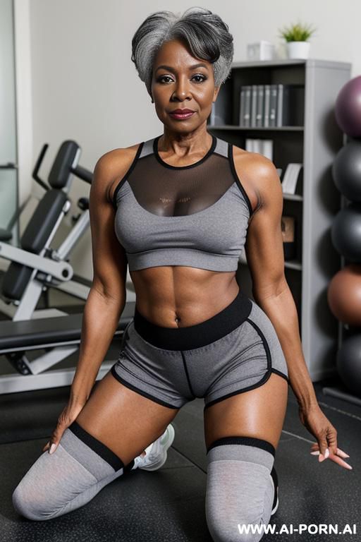 ebony granny, pretty face, round ass, transparent granny panties, sneakers, socks, wristbands - #main