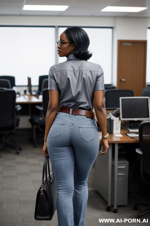 ebony granny, pretty face, round ass, vintage straight blue jeans, leather belt, oxford shoes, glasses with frames, full shot - #main