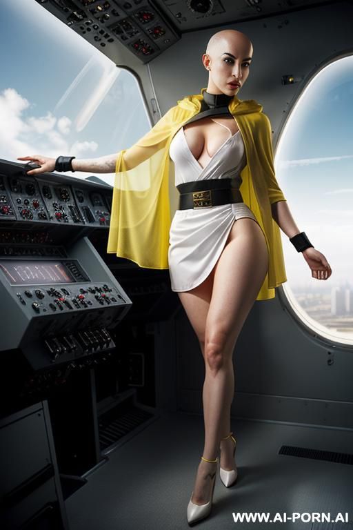 hyperrealism painting: an atompunk sci-fi bald slender amy winehouse, with yellow transparent sheer hood, wearable sensors and wearable sci-fi systems. she weared sci-fi translation unit on arm.,body - #main