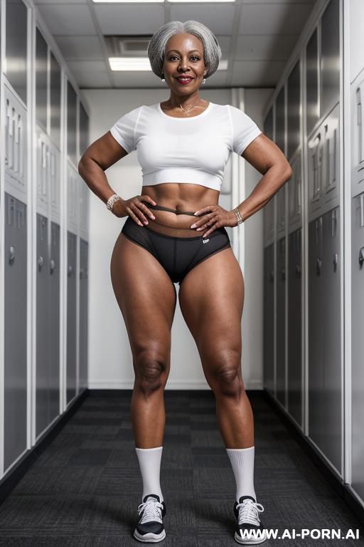 ebony granny, pretty face, round ass, white top, transparent granny panties , sneakers, socks, wristbands - #main