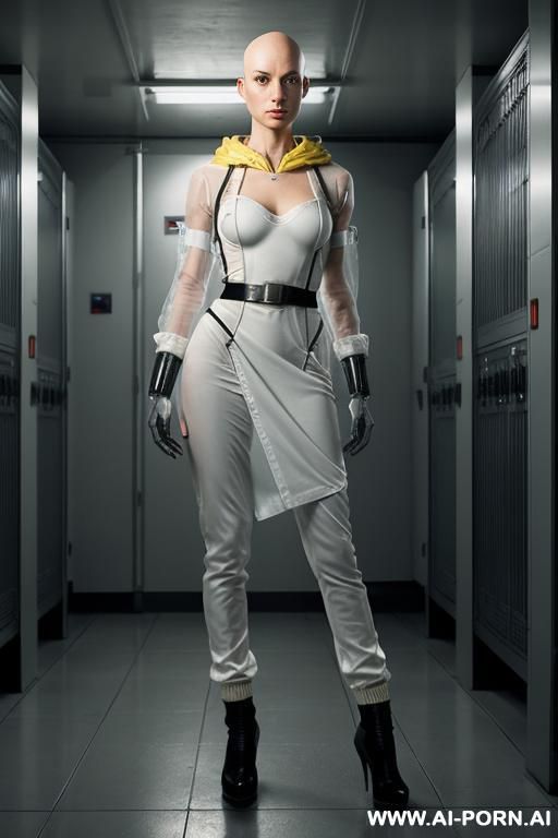 hyperrealism painting: an atompunk sci-fi bald slender skiny amy winehouse, tits out, with yellow transparent sheer hood, wearable sensors and wearable sci-fi systems. she weared sci-fi translation - #main