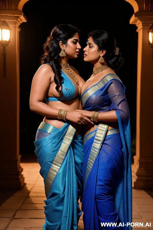 an ancient indian chubby queen in a blue sari kisses another full naked female servant with shaved vagina under the moon - #main