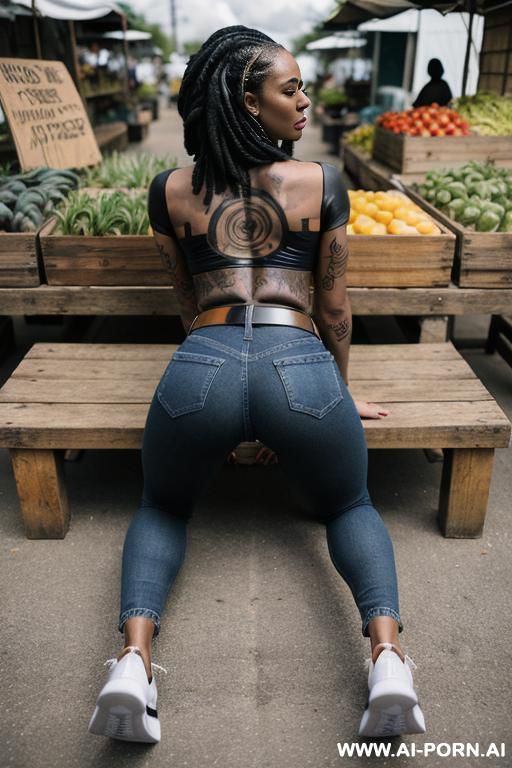 ebony, bubble butt, straight blue jeans, leather belt, canvas high sneakers, tattoos, full shot - #main