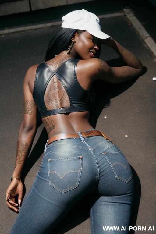 ebony, round ass, vintage blue straight jeans, leather belt , tattoos, oxford shoes, white news cap - #main