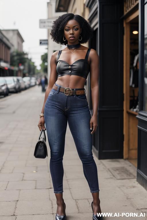 ebony, round ass, vintage straight blue jeans, leather belt, leather leg garter, purple top, oxford shoes - #main