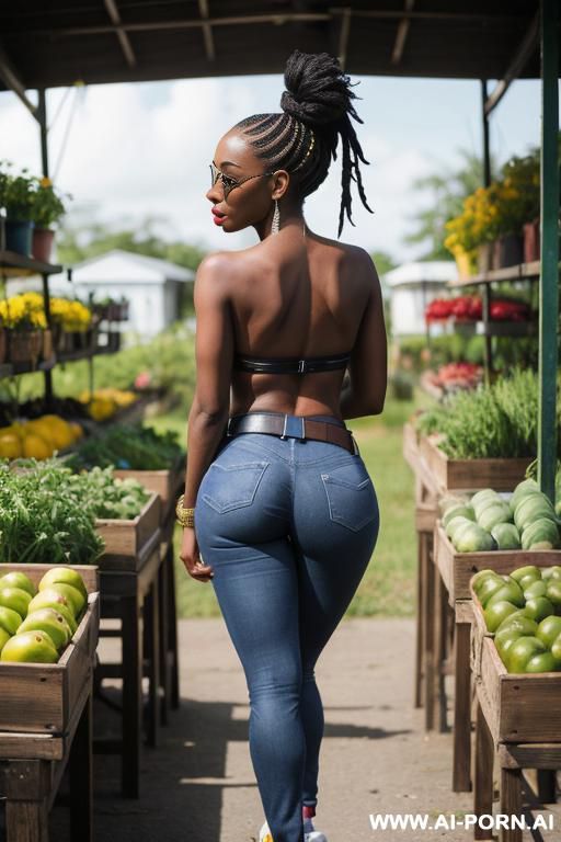 ebony, bubble butt, straight blue jeans, leather belt, canvas high sneakers, full shot - #main