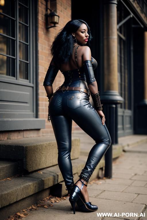 ebony, vintage straigt blue jeans, leather belt, oxford shoes, from behind - #main