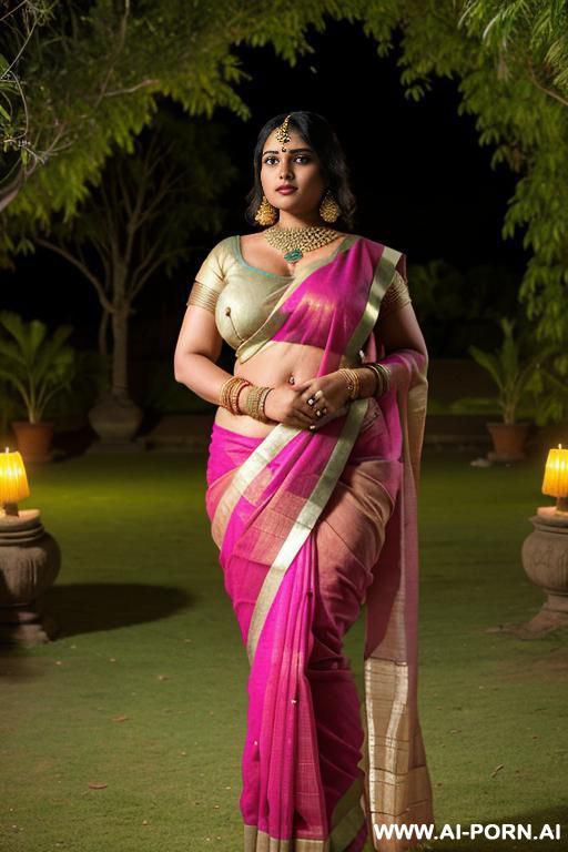 ancient indian chubby queen in a traditional sari is touching a indian chubby full naked total undressed complete nude female with shaved vagina under the stars in a colourful indian garden - #main