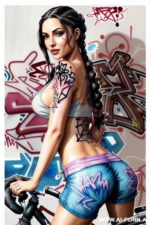 ((((at the street)))) ((((image comic-drawing watercolor style)))) down level shot boobs in closedup at the outdoor in the roller park ((((seductive gaze)))) from behind pretty italian woman full - #main