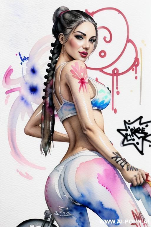 ((((at the street)))) ((((image comic-drawing watercolor style)))) down level shot boobs in closedup ((((seductive gaze)))) from behind pretty spanish woman full lips smile shocked face bending over - #main