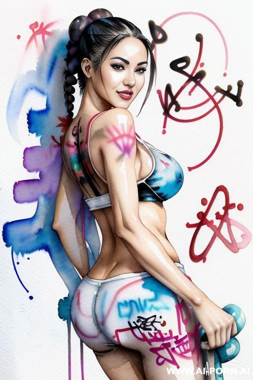 ((((at the street)))) ((((image comic-drawing watercolor style)))) down level shot boobs in closedup ((((seductive gaze)))) from behind pretty japanese woman full lips smile shocked face bending over - #main