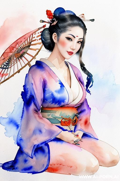 ((((at the almod field)))) ((((geisha)))) ((((image comic-drawing watercolor style)))) down level shot boobs in closedup ((((seductive gaze)))) pretty geisha woman full lips smile shocked face bending - #main