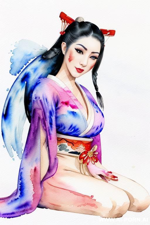 ((((geisha)))) ((((image comic-drawing watercolor style)))) down level shot ((((seductive gaze)))) pretty geisha woman full lips smile shocked face bending over sitting on , open kimono perfect huge - #main