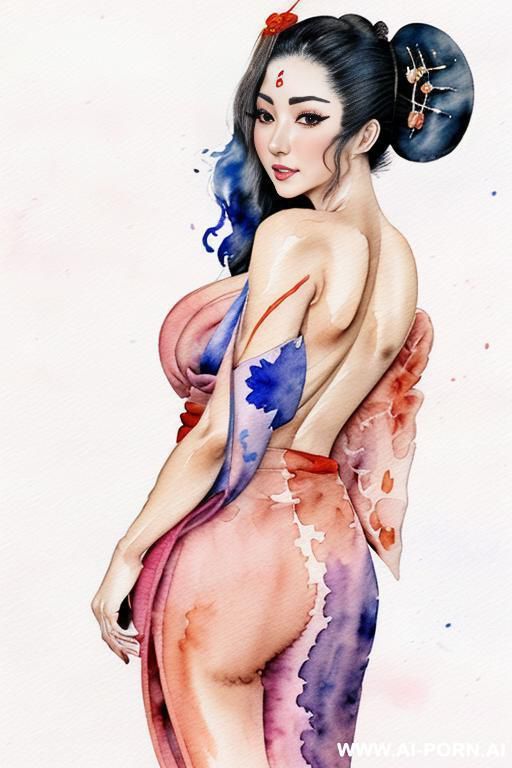 ((((image comic-drawing watercolor style)))) ((((seductive gaze)))) ((((geisha)))) smile shocked face bending over standing on , ((((kimono drapped over the shoulders)))) , ((((topless)))) , muscle fit , - #main