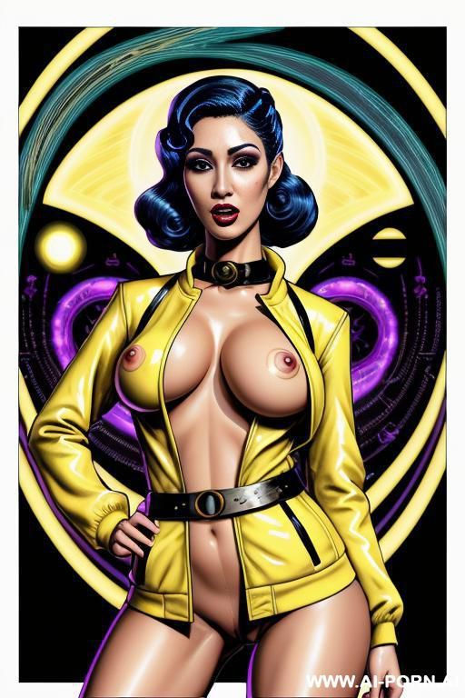 image comic-drawing vintage style, sci-fi, atompunk, slender body in the sci-fi city, sci-fi yellow jacket, sci-fi cap, in white background, image comic-drawing vintage style - #main